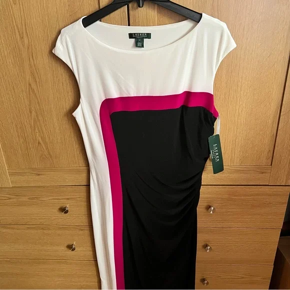 Lauren Ralph Lauren | Dresses | Lauren By Ralph Lauren White Pink Black  Color Block Jersey Dress Bnwt | Poshmark